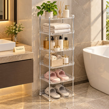 Clear 6 layer storage rack holding towels and toiletries in a bathroom corner - Trenducts