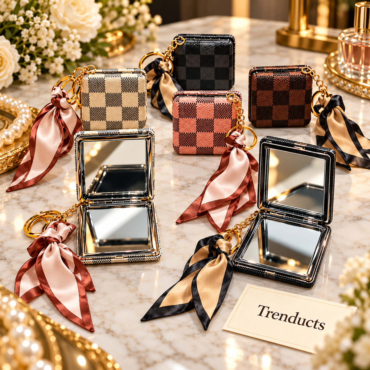 Checkered Cosmetic Pocket Mirror - Square with Scarf Keychain (each)