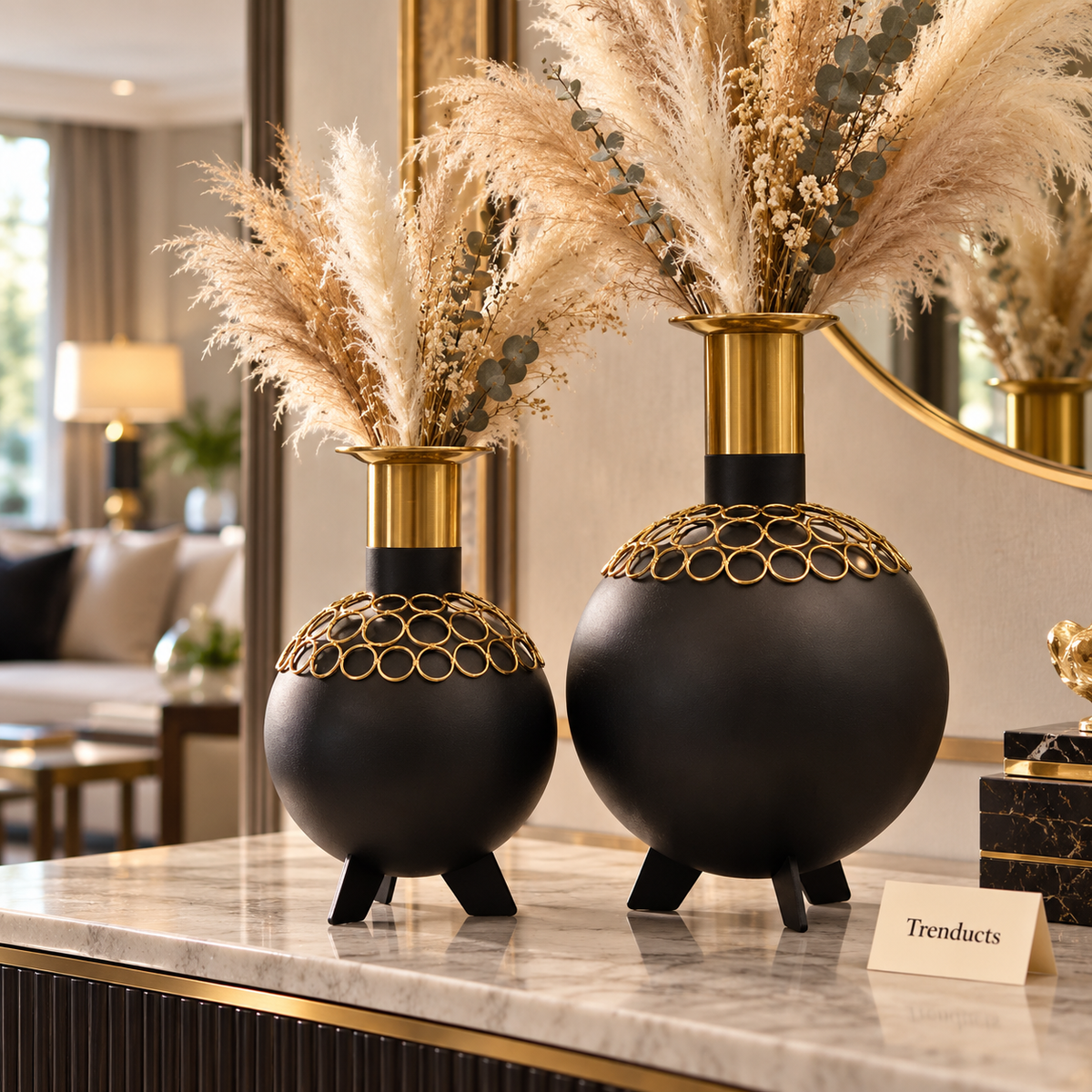 Metal Vase Ball Shape with Gold Neck - Black