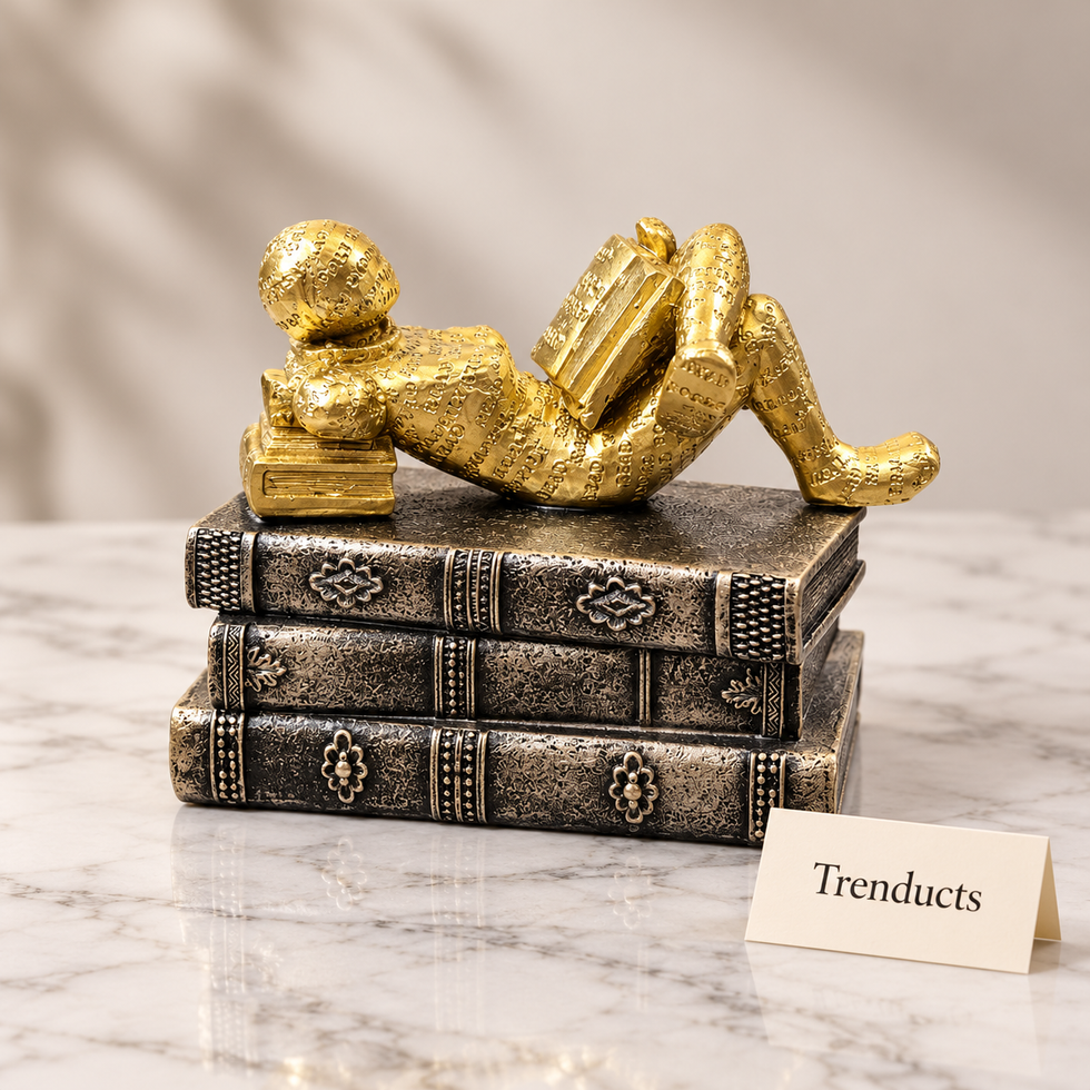 Gold Reclining Reader Sculpture - Black Book Stack Showpiece