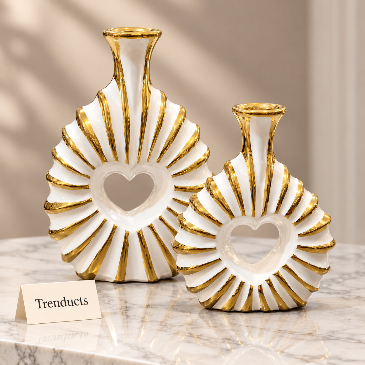 White and Gold Heart Decorative Vase - Openwork Ceramic
