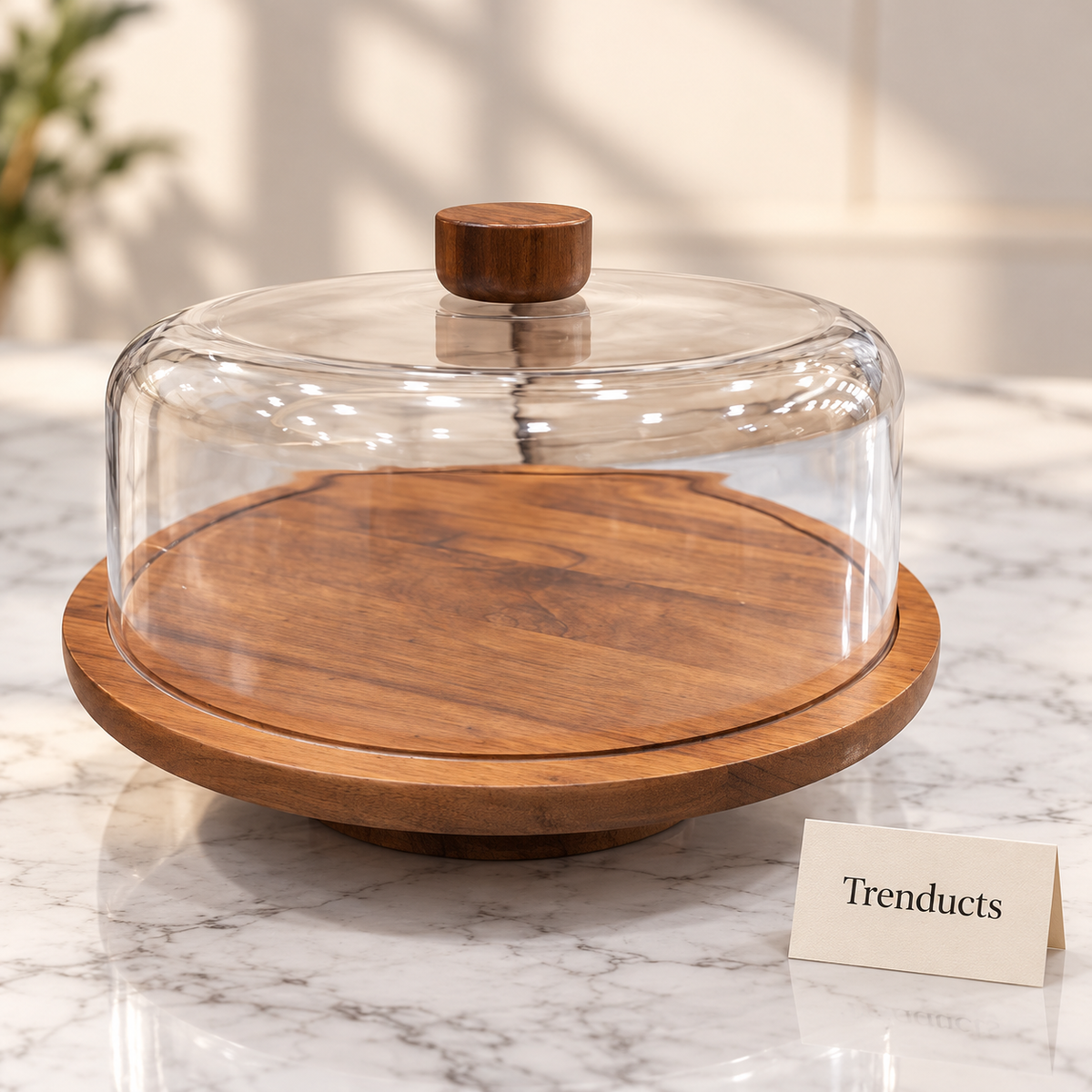 Raised Wooden Cake Stand with Dome - Clear Cover and Wood Knob