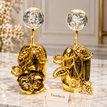 Crystal globe showpiece with gold flower stand on white marble - Trenducts