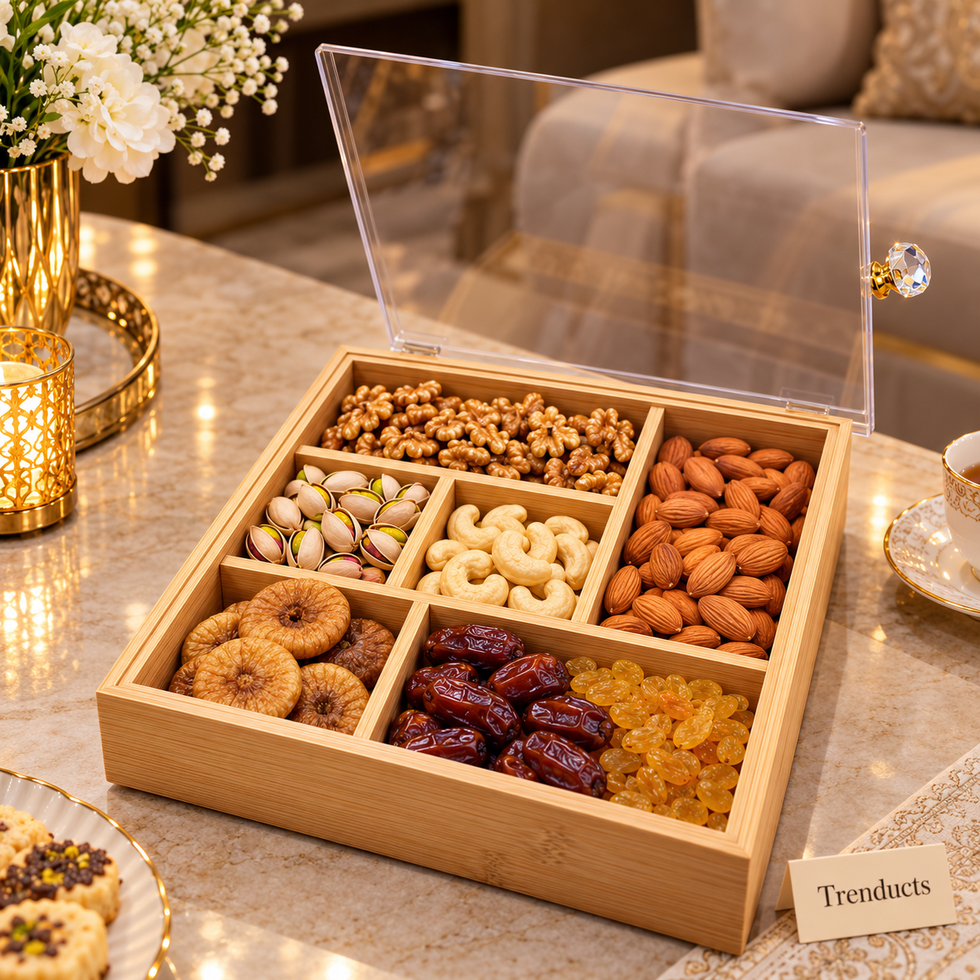 Bamboo Wood Dry Fruit Box - Multi Compartment, Acrylic Lid
