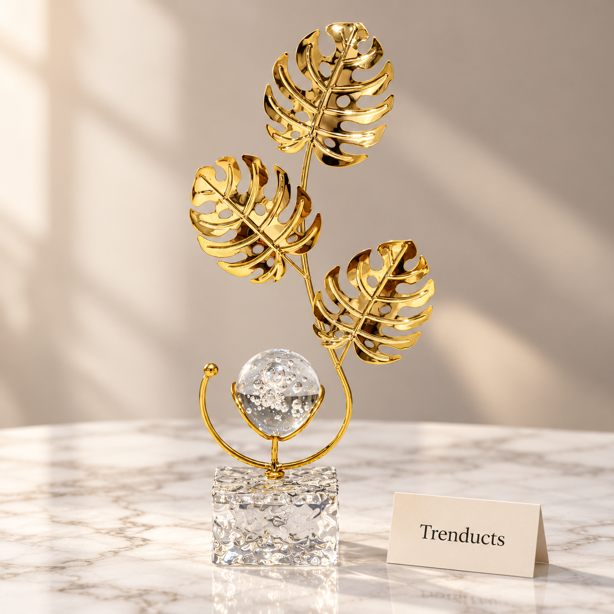 Crystal Ball Table Decor - Gold Monstera, Crystal Base