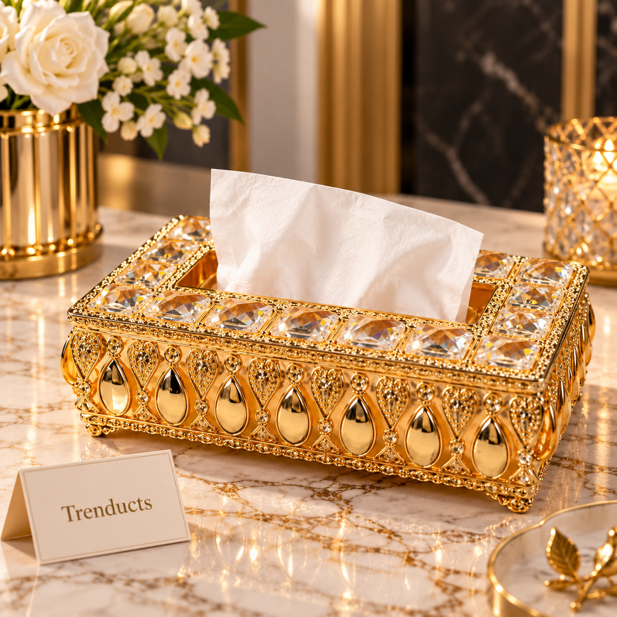 Gold Crystal Filigree LED Luxury Tissue Box Cover