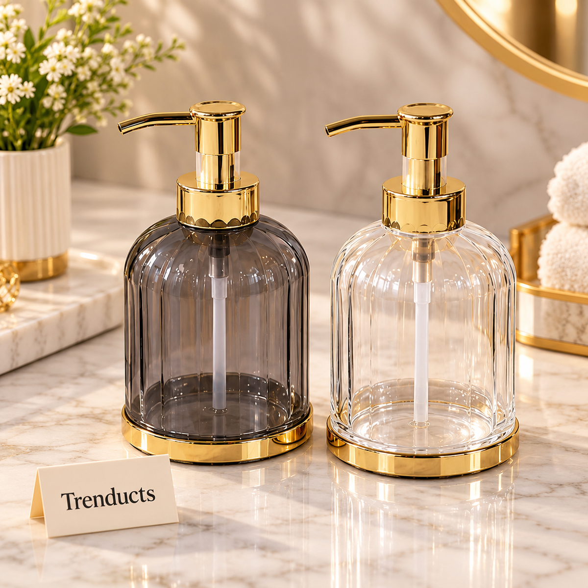Soap Dispenser - Transparent and Smoky Bottle with Gold Pump (each)