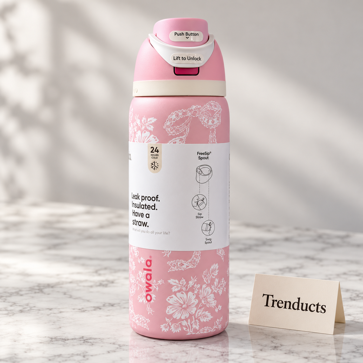 Owala Water Bottle 32 oz - Pink Floral Toile Print