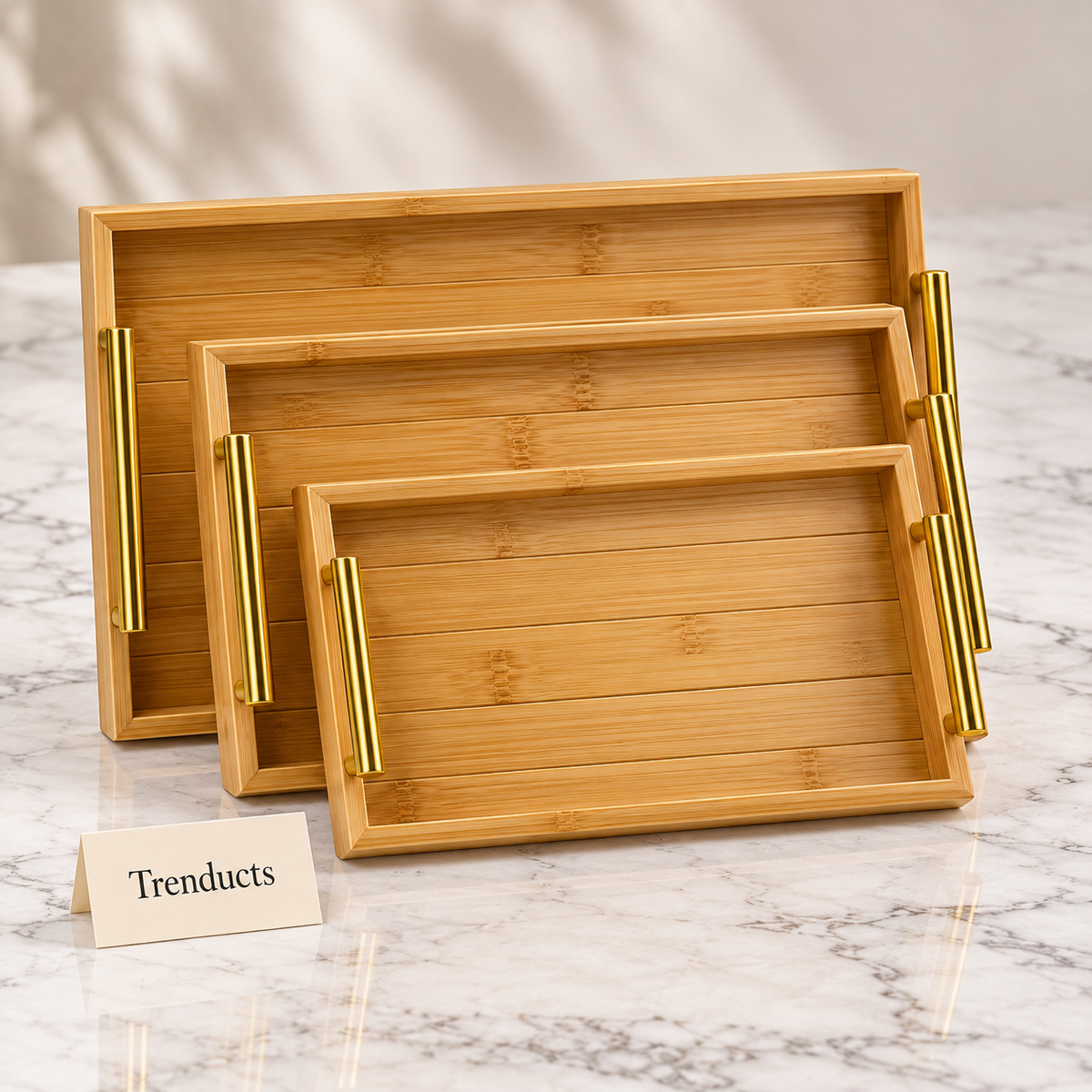Bamboo Serving Tray Set - 3 Nesting Trays, Gold Handles