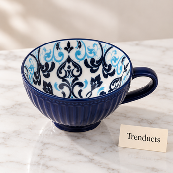 Navy Santorini Mug on a white marble surface | Trenducts