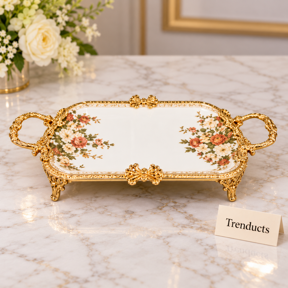 Brilliant Rectangular Flat Tray - Floral with Gold Handles