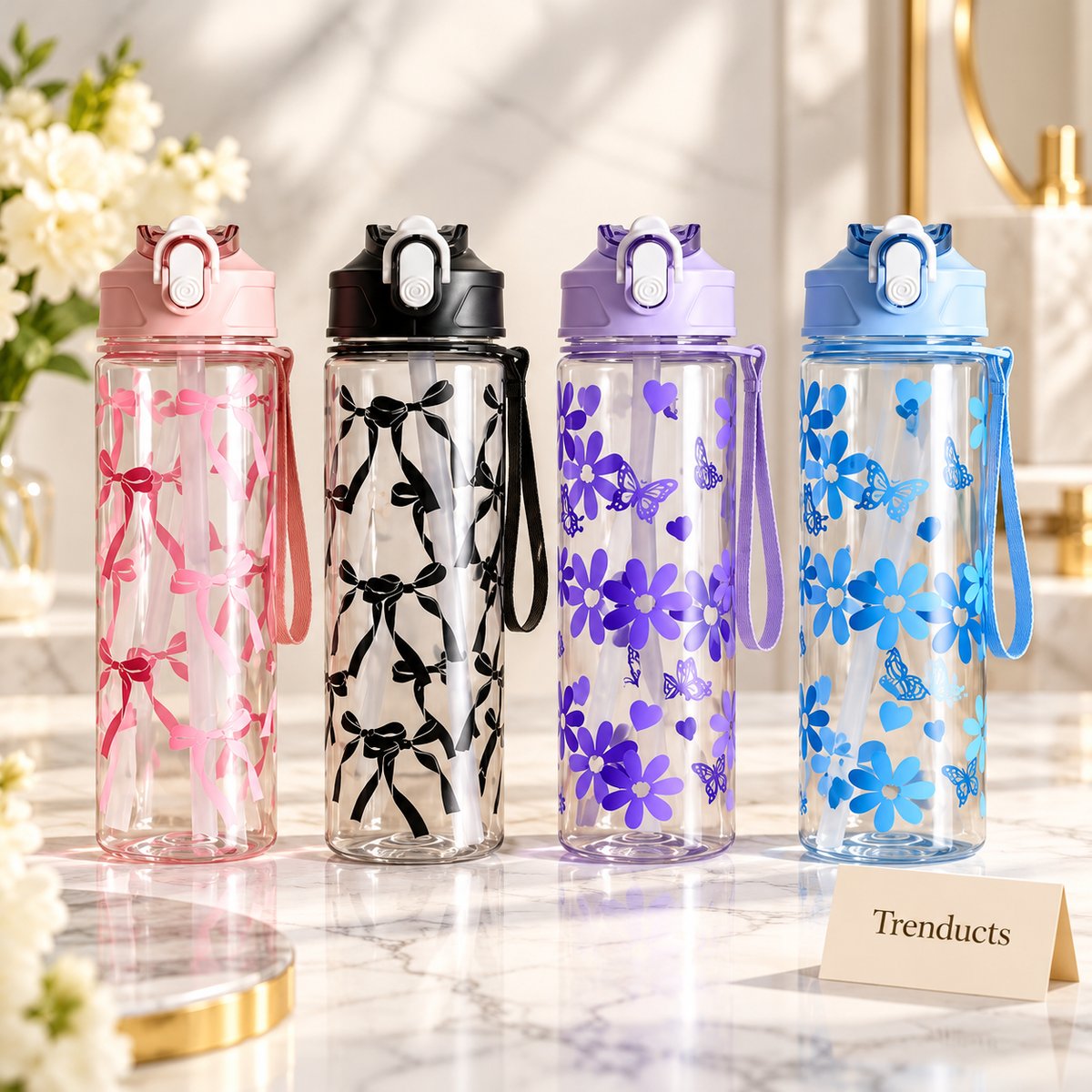 800ml Straw Water Bottle - Clear with Bow and Floral Prints (Random)