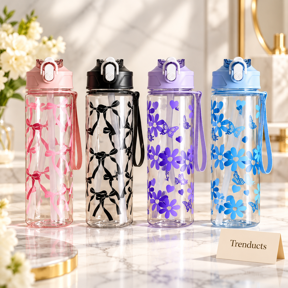 800ml Straw Water Bottle - Clear with Bow and Floral Prints (Random)