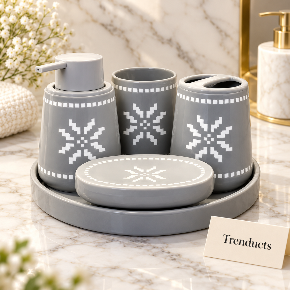 Brilliant 5 Piece Bathroom Set - Grey & White Stars