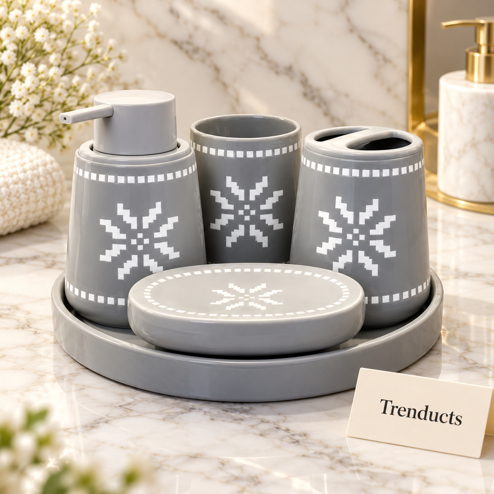 Brilliant 5 Piece Bathroom Set - Grey & White Stars