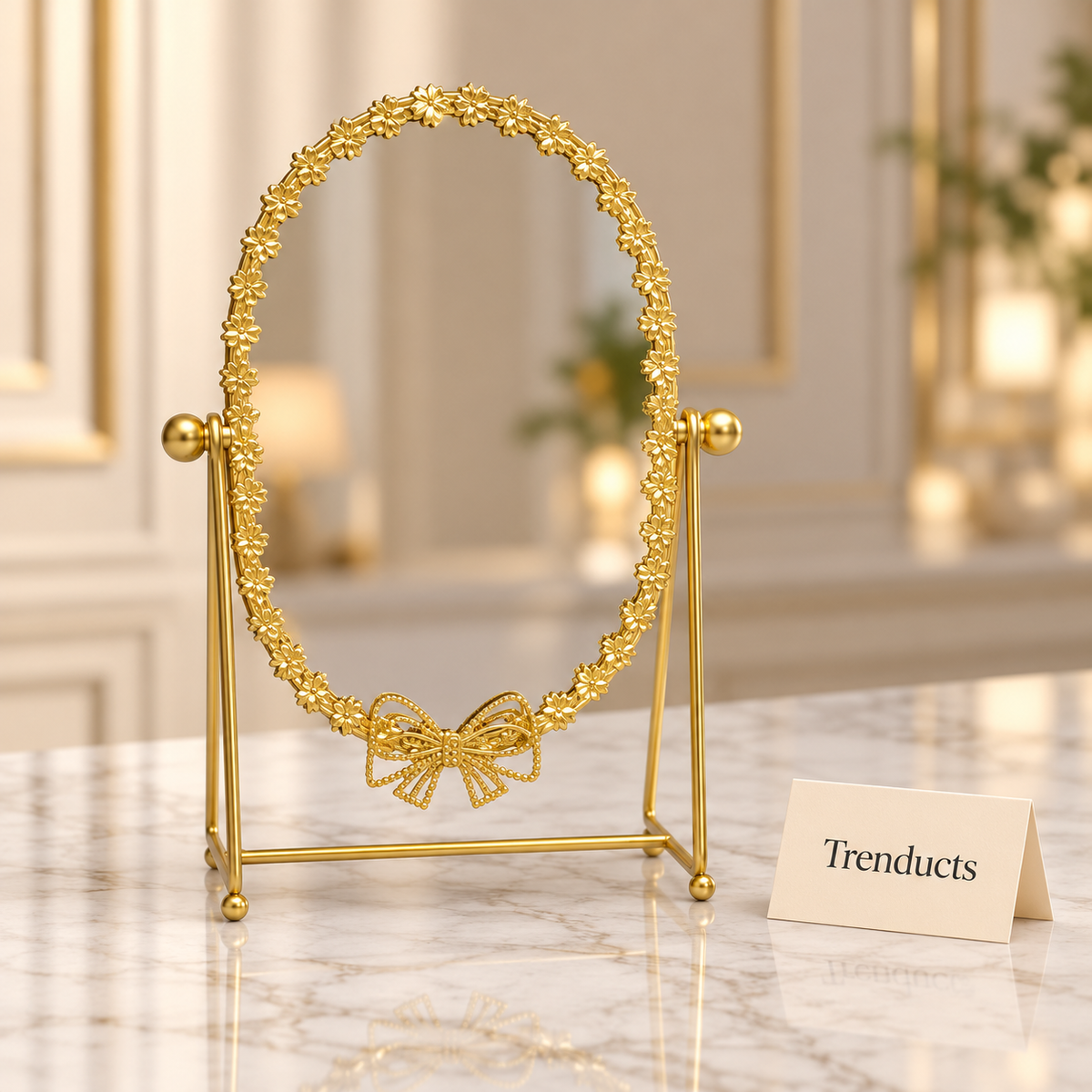 Elegant Gold Table Mirror - Oval Flower Frame & Bow