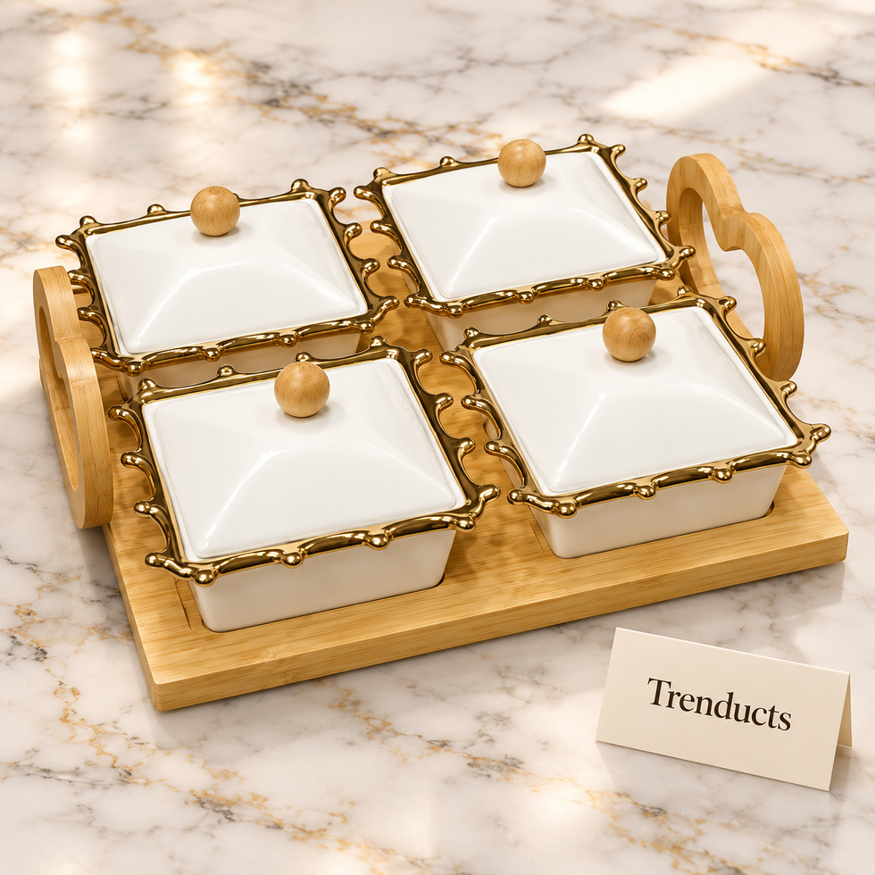 4 Pcs Ceramic Serving Dish Set with Lids and Bamboo Tray - Gold Rim