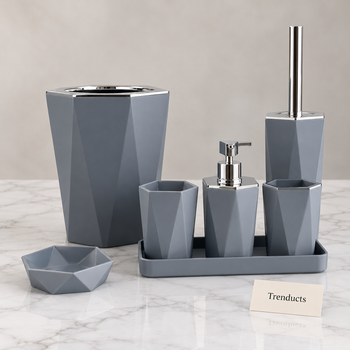 Grey faceted bathroom set on white marble | Trenducts