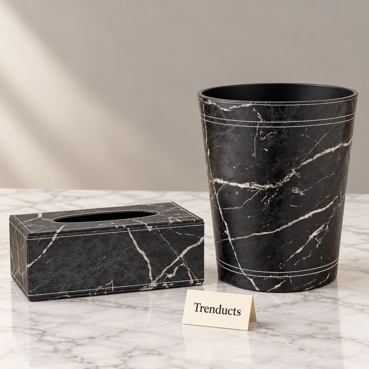 Premium Marble Print Tissue Box & Dustbin - Black and White