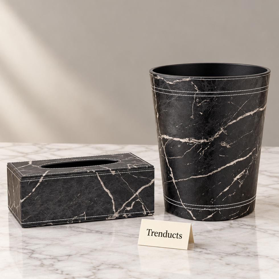 Premium Marble Print Tissue Box & Dustbin - Black and White
