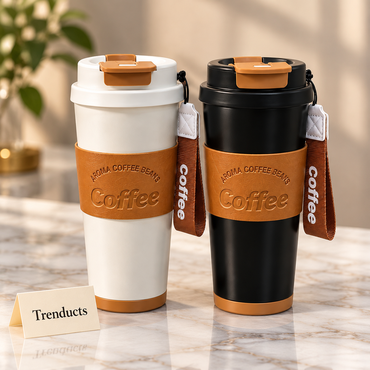 Steel 316 Coffee Tumbler 450ml - Leather Sleeve and Strap (Random Color)
