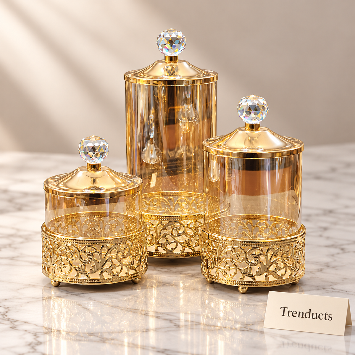 Gold Filigree Canister Set - 3 Jars with Crystal Knobs