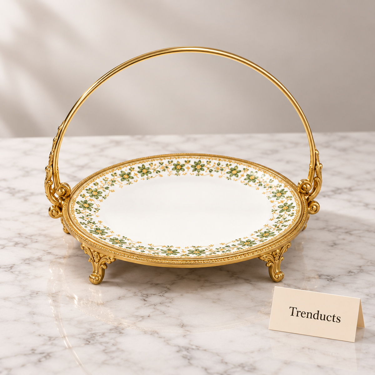Brilliant Flat Basket Tray - Green Gold Floral Rim