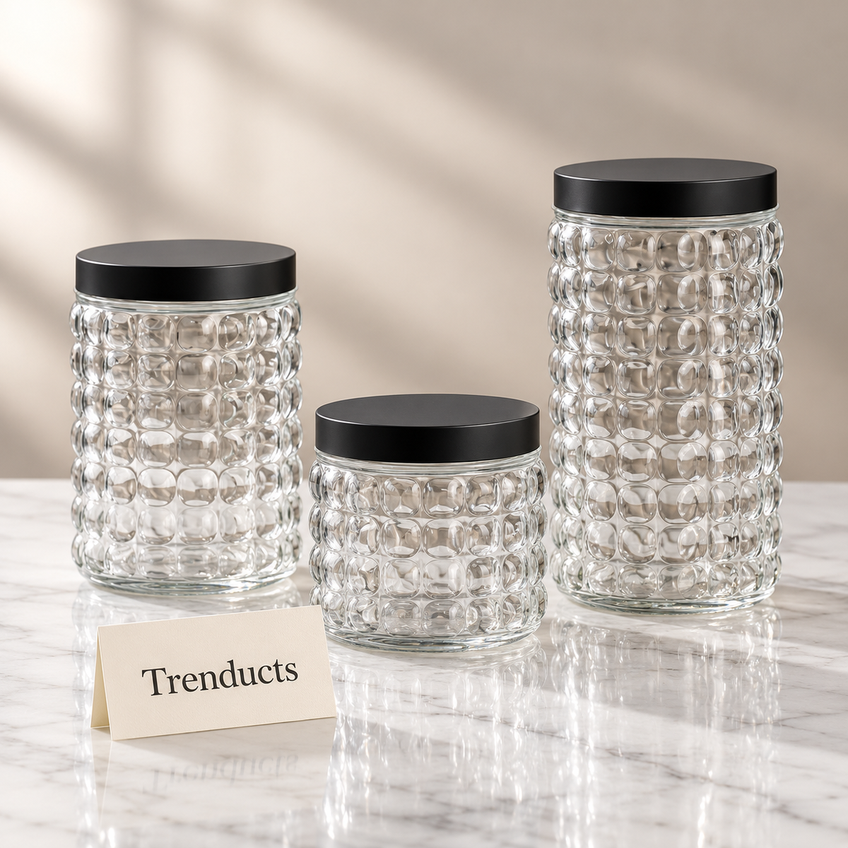 Glass Jars Set - 3 Textured Jars with Black Lids