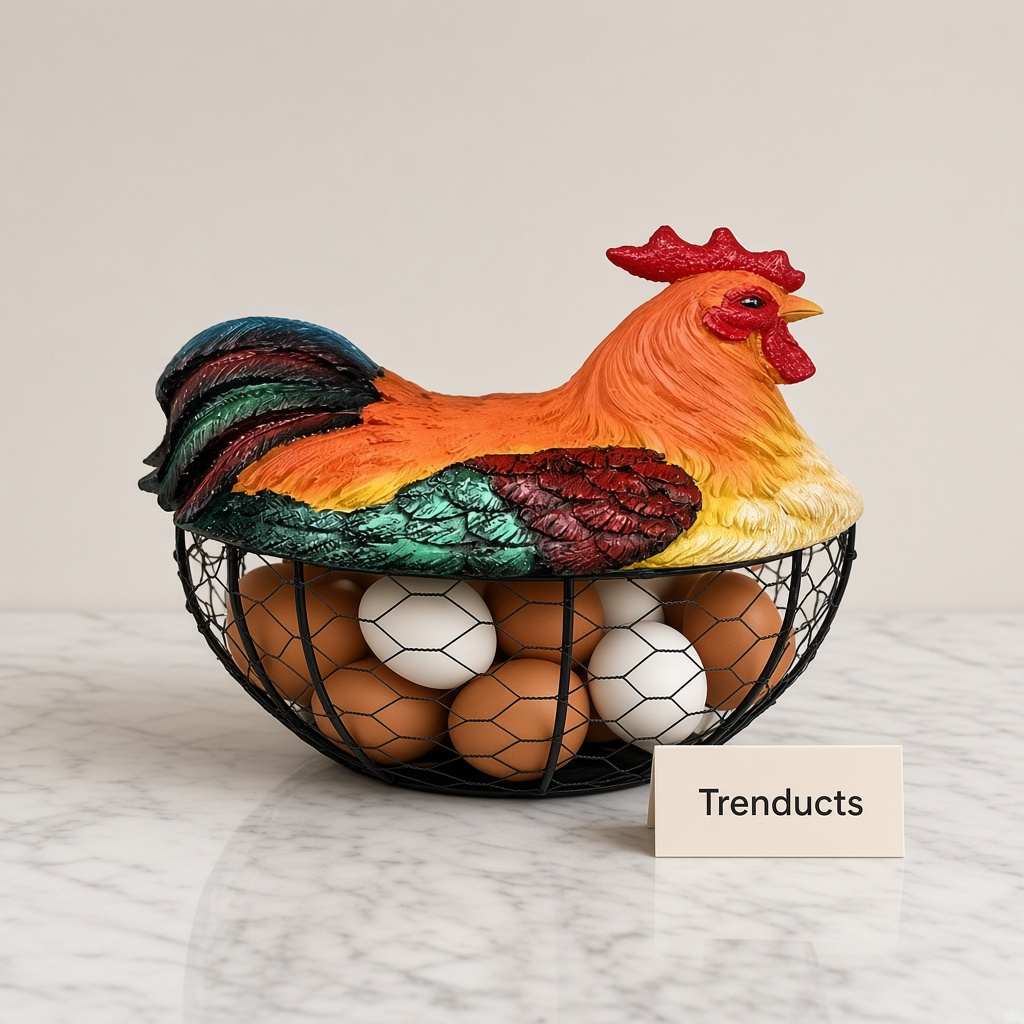 Premium Metal Egg Basket with Fiber Rooster Hen Lid - Orange & Green