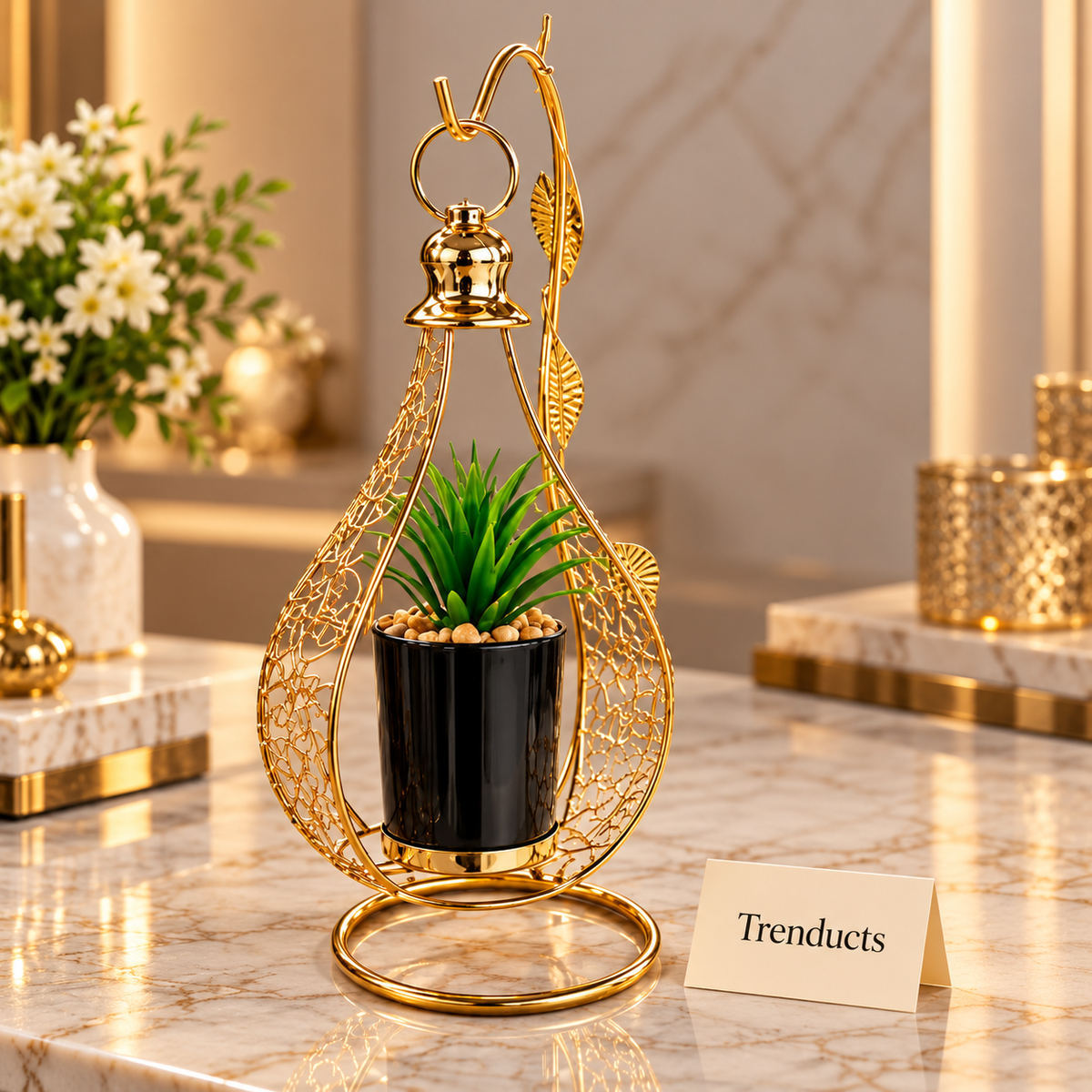 Gold Teardrop Hanging Stand Metal Flower Pot