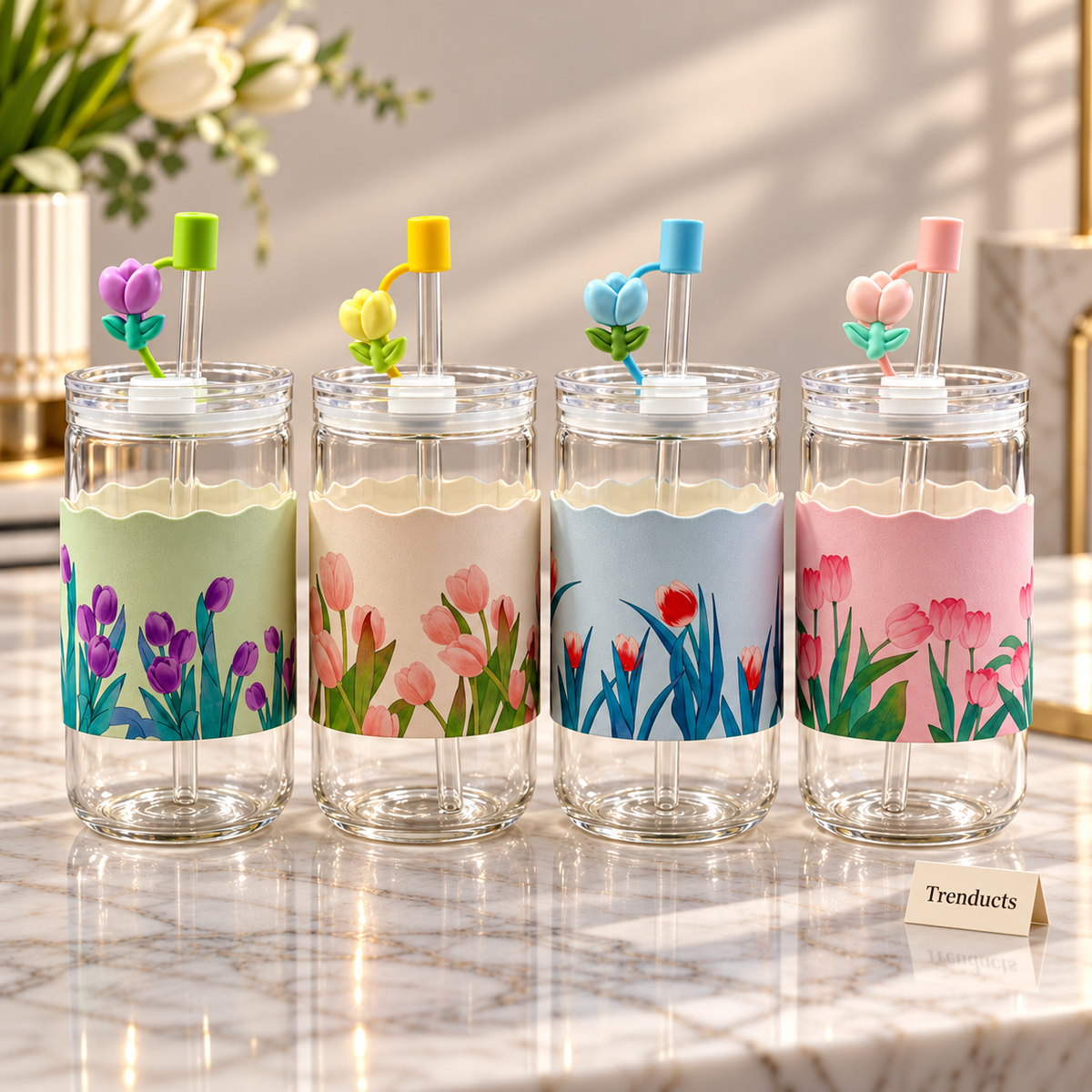 Tulip Glass Mug with Lid & Straw - Random Design