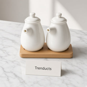 White ceramic spice bottle set with wooden tray on marble studio - Trenducts