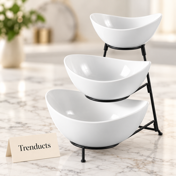 3 Tier Fruit Bowl in white and black on a white marble surface | Trenducts