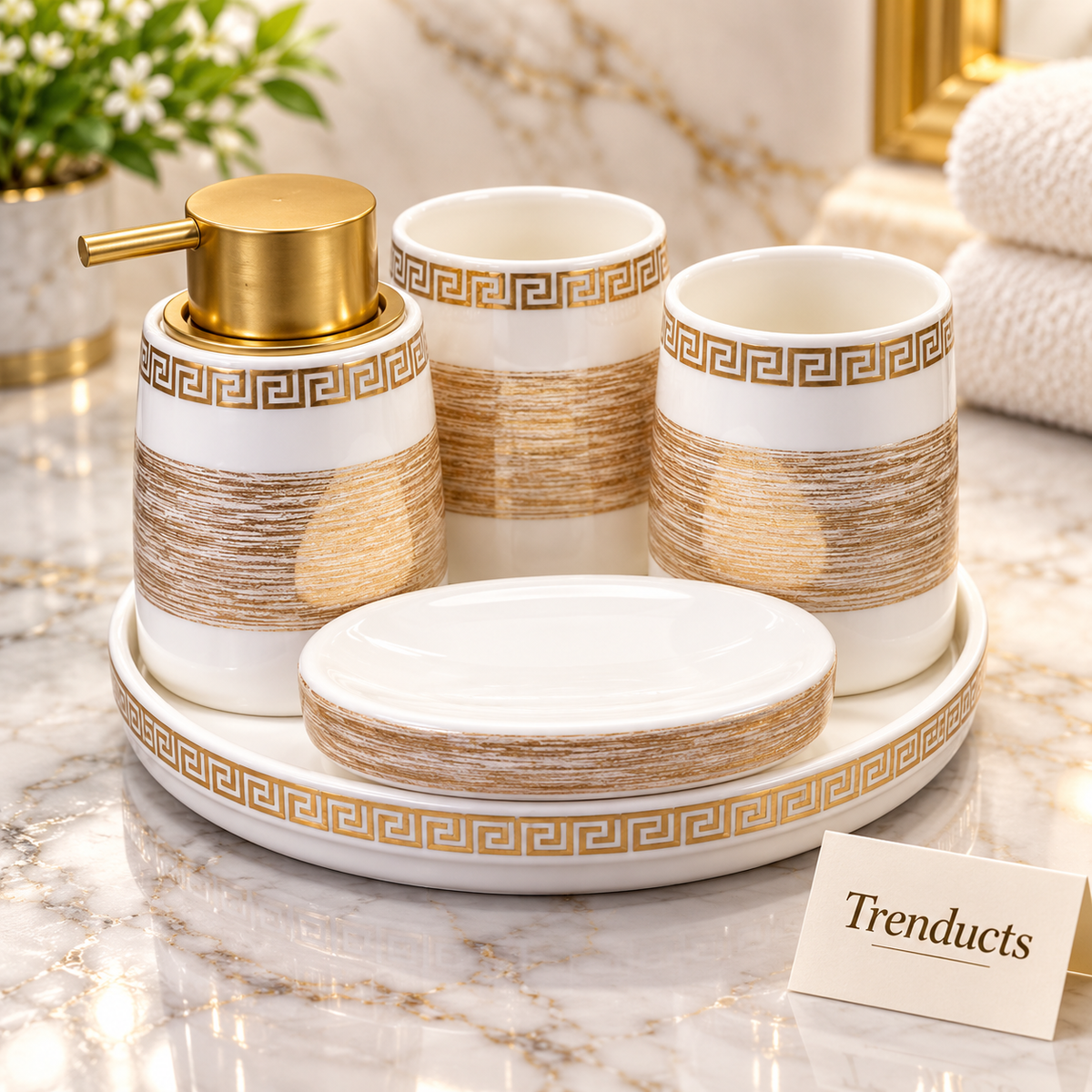 Brilliant 5 Piece Bathroom Set - White & Gold Greek Key