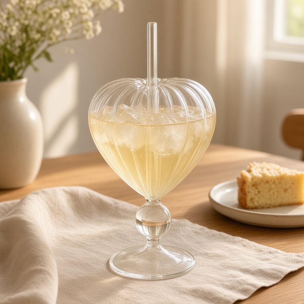 Heart Shaped Glass Cup with Straw - Ribbed 250ml