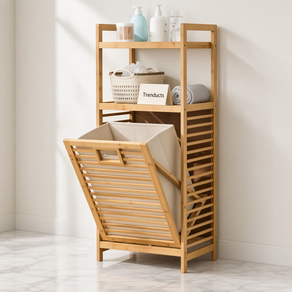 Bamboo Laundry Cabinet with Laundry Basket and Shelves