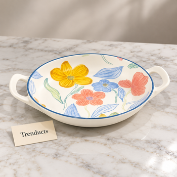 Brilliant Round Dish in cottagecore floral design on white marble | Trenducts