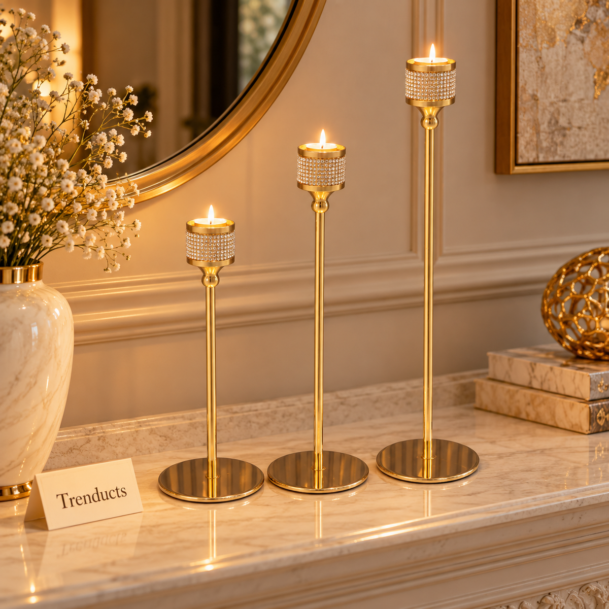 Metal Candle Stand Set of 3 with Rhinestone Cups - Gold