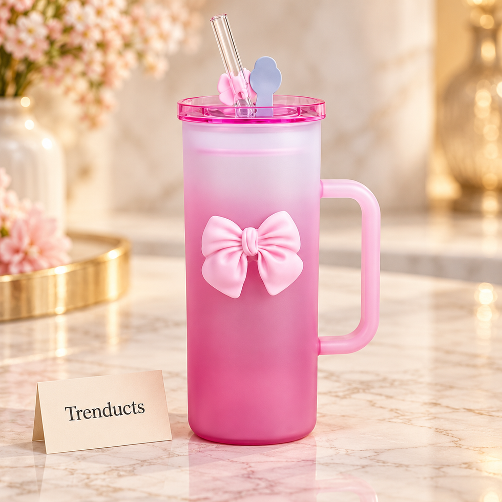 320ml Two-Tone Pink Bow Glass Sipper with Straw