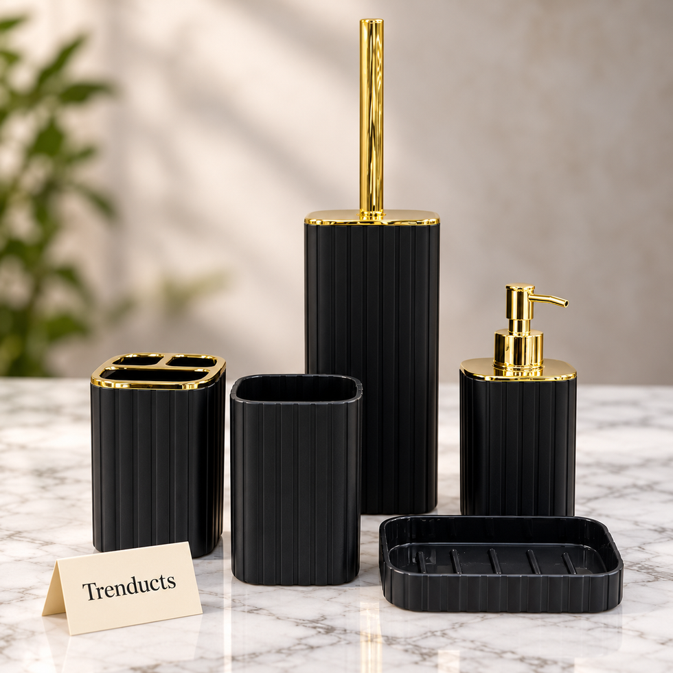 5 Piece Bathroom Set - Matte Black Plastic with Gold