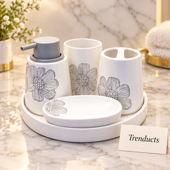 5 piece bathroom set with tray - White with Grey Flowers styled on a marble counter | Trenducts