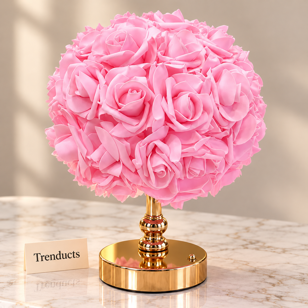 Luxury Rose Bouquet Table Lamp - Pink Roses, Gold Base