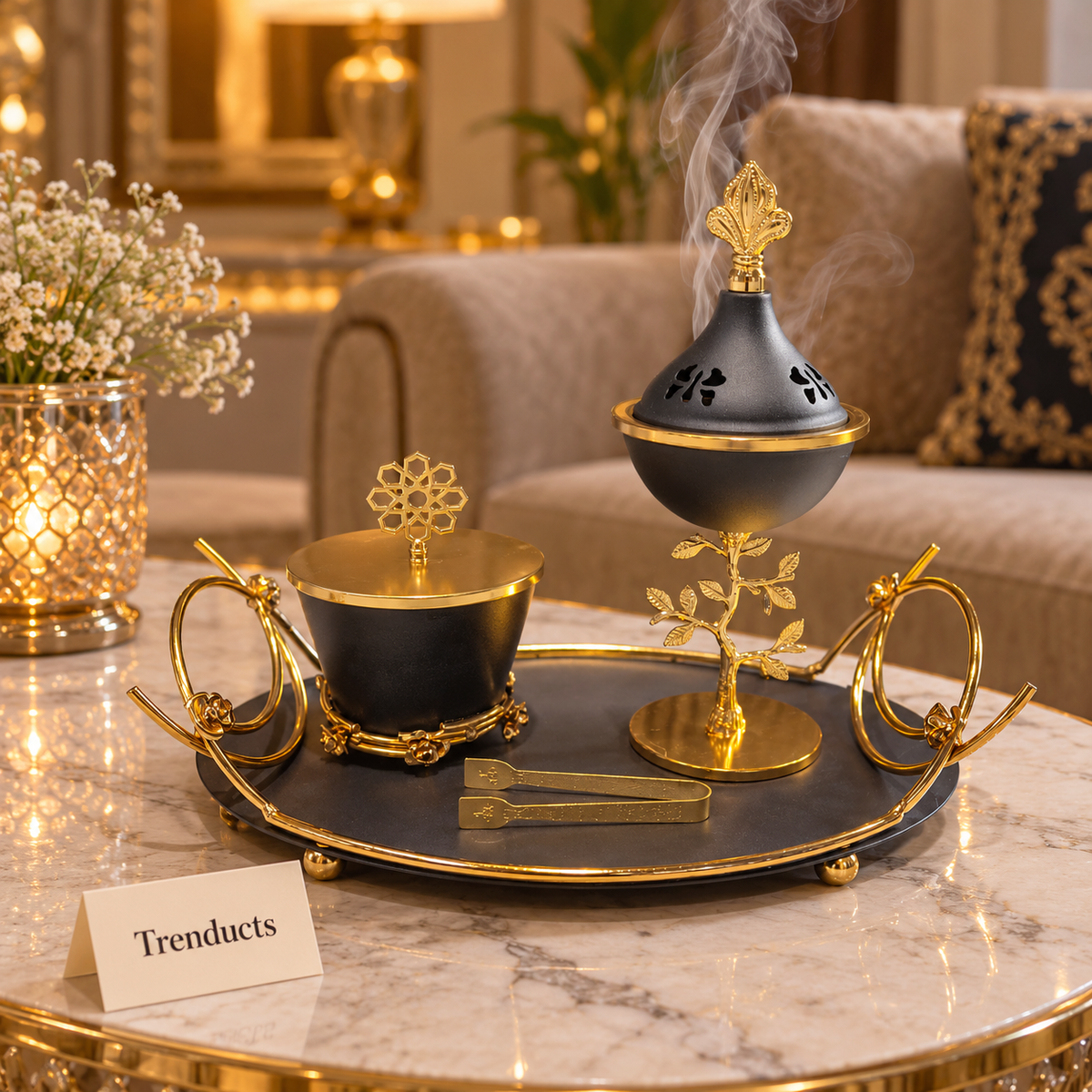 Metal Bakhoor Burner Set with Tray and Storage Jar