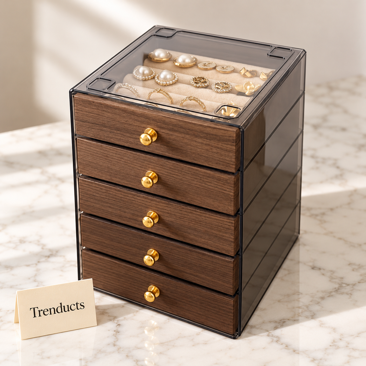 Wooden Jewelry Box - 5 Layer Walnut Drawers with Clear Lid