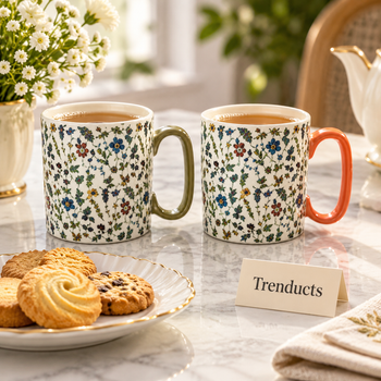 Danny Home Porcelain Mug Gift Set 2 Pcs, two floral mugs with tea on a morning table | Trenducts