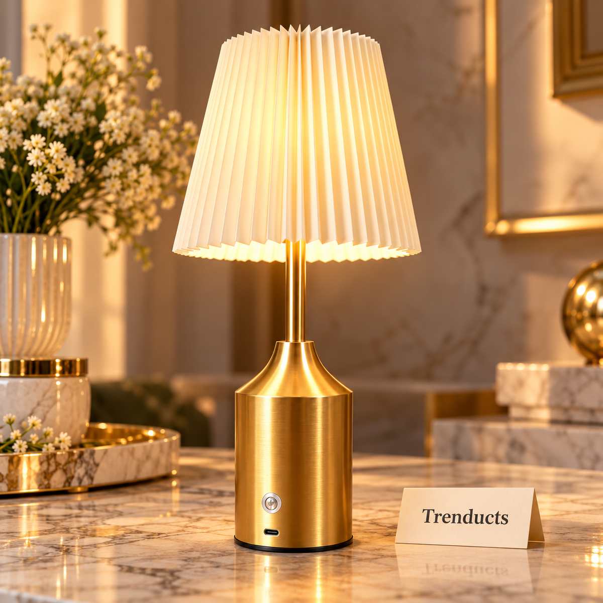USB-C Rechargeable LED Table Lamp with Pleated Shade