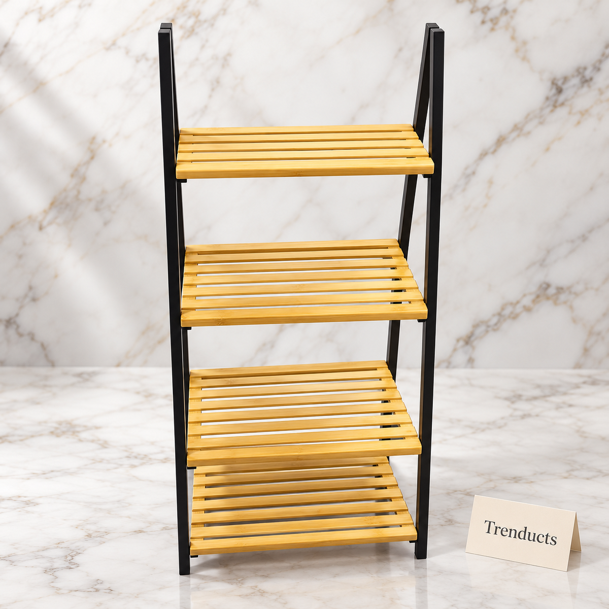 4 Tier Ladder Shelf with Wood-Look Slatted Shelves and Black Frame