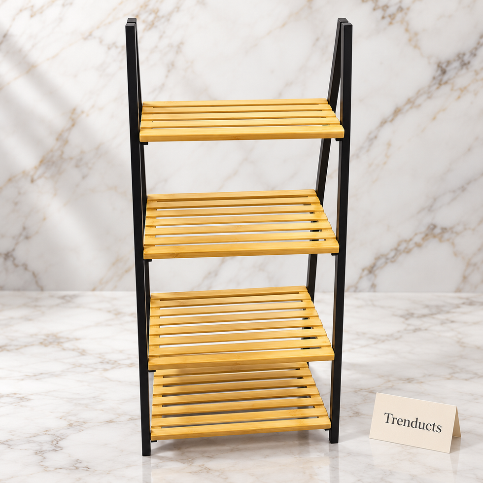 4 Tier Ladder Shelf with Wood-Look Slatted Shelves and Black Frame