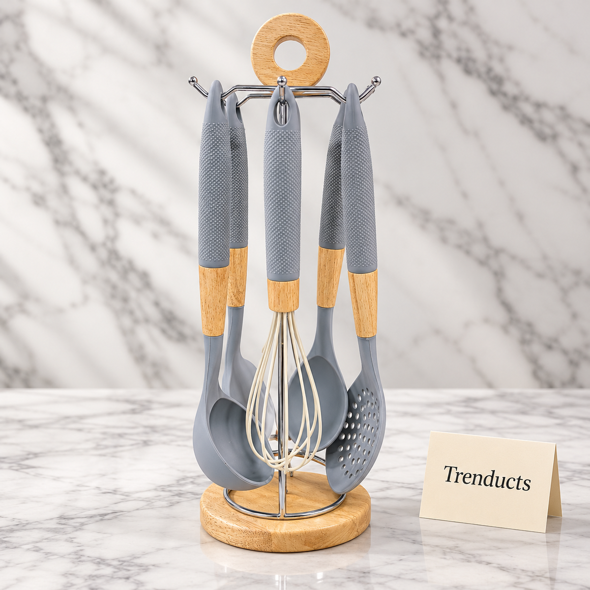 Premium Silicone Kitchen Utensil Set with Stand - Wood Accent Handles