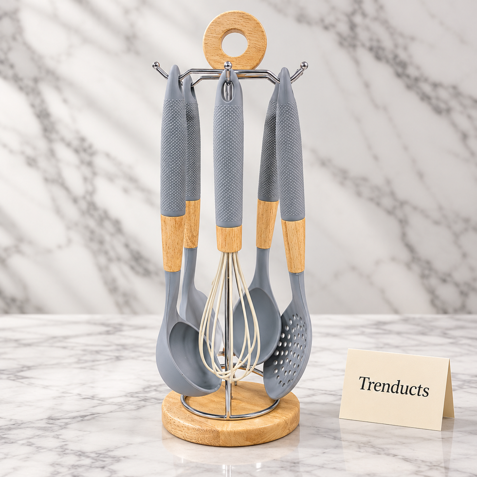 Premium Silicone Kitchen Utensil Set with Stand - Wood Accent Handles
